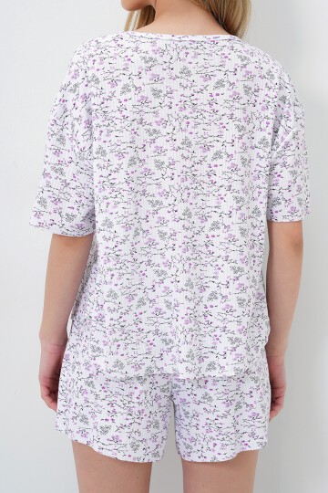 V Yaka Pamuklu Mikro Desenli T-Shırt Ve Şortlu Pijama Takımı