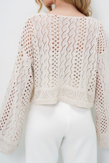 V Yaka Saç Örgü Desenli Yazlık Trico Crop Bluz
