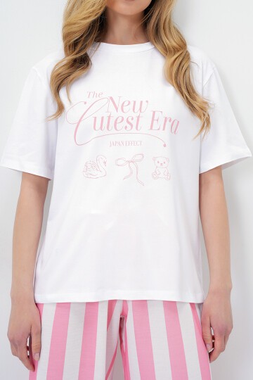 Yazı Baskılı Basic T-Shirt Ve Çizgili Pantolonlu Örme Pijama Takımı