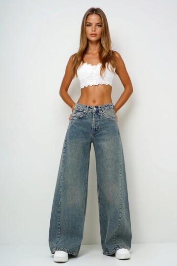 Yeşil Yüksek Bel Vintage Yıkamalı Buggy Kesim Jean Pantolon