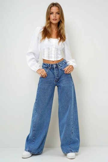 Yüksek Bel Vintage Yıkamalı Buggy Kesim Jean Pantolon