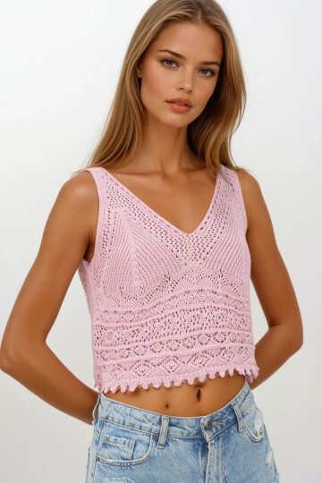 Pudra Pembe Askılı Ajurlu Örme Crop Bluz