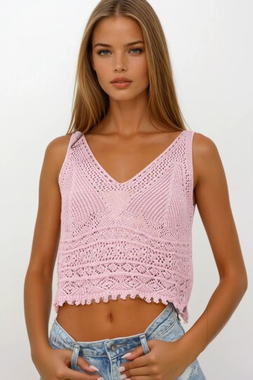 Pudra Pembe Askılı Ajurlu Örme Crop Bluz