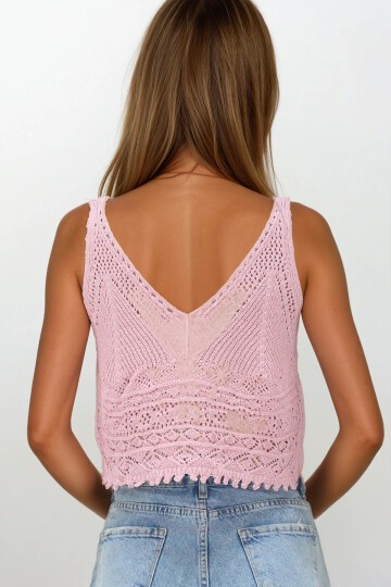 Pudra Pembe Askılı Ajurlu Örme Crop Bluz