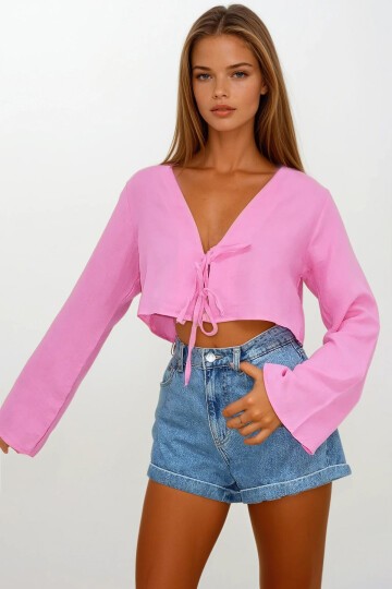 Pembe Bağlama Detaylı Crop Müslin Bluz