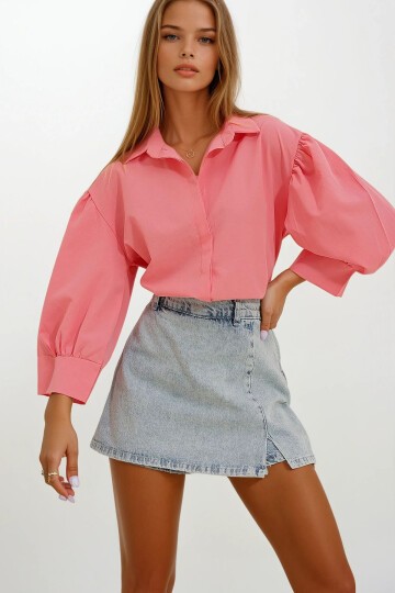 Pembe Balon Kol Gizli Patlı Basic Poplin Gömlek