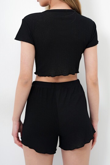 Bisiklet Yaka Crop Bluz, Şort Ve Pantolonlu 3 Lü Set Pijama Takımı