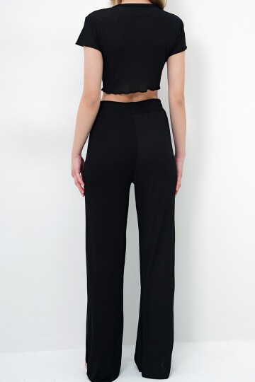Bisiklet Yaka Crop Bluz, Şort Ve Pantolonlu 3 Lü Set Pijama Takımı