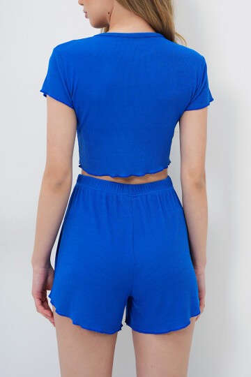 Bisiklet Yaka Crop Bluz, Şort Ve Pantolonlu 3 Lü Set Pijama Takımı