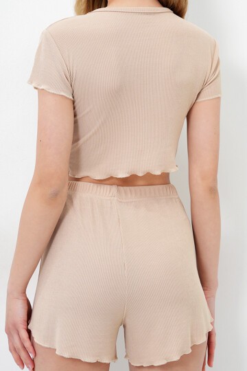 Bisiklet Yaka Crop Bluz, Şort Ve Pantolonlu 3 Lü Set Pijama Takımı