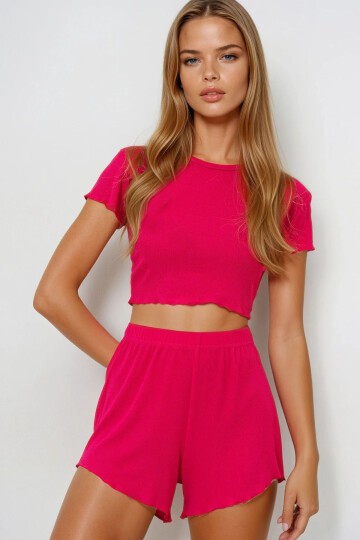 Bisiklet Yaka Crop Bluz, Şort Ve Pantolonlu 3 Lü Set Pijama Takımı