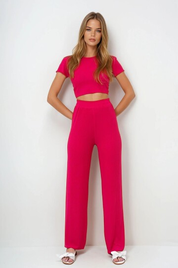Bisiklet Yaka Crop Bluz, Şort Ve Pantolonlu 3 Lü Set Pijama Takımı