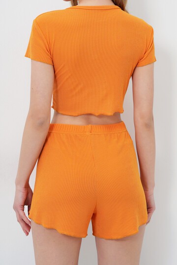 Bisiklet Yaka Crop Bluz, Şort Ve Pantolonlu 3 Lü Set Pijama Takımı