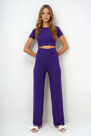Bisiklet Yaka Crop Bluz, Şort Ve Pantolonlu 3 Lü Set Pijama Takımı