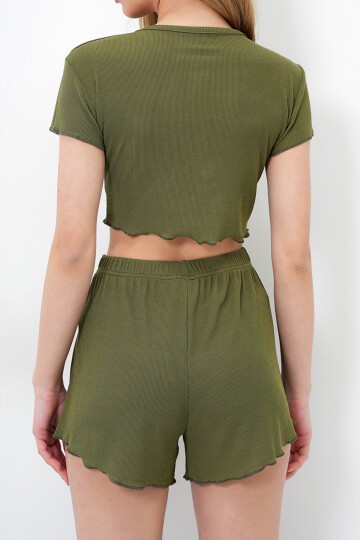 Bisiklet Yaka Crop Bluz, Şort Ve Pantolonlu 3 Lü Set Pijama Takımı