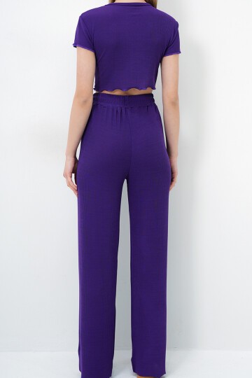 Bisiklet Yaka Crop Bluz, Şort Ve Pantolonlu 3 Lü Set Pijama Takımı