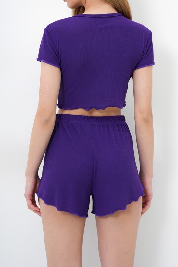 Bisiklet Yaka Crop Bluz, Şort Ve Pantolonlu 3 Lü Set Pijama Takımı