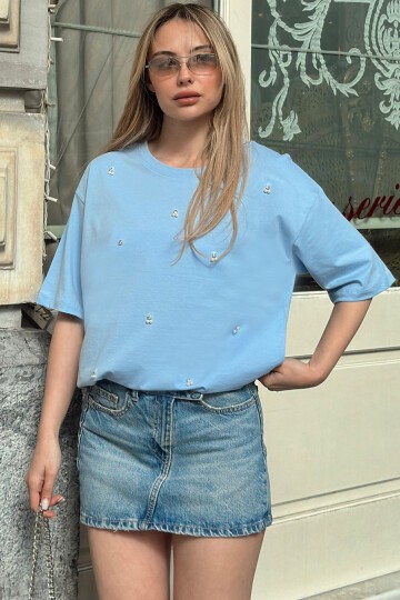 Bebe Mavi Bisiklet Yaka Oversize İnci Ve Taş İşlemeli T-Shirt