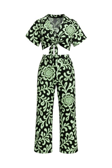 Desenli Bağlamalı Crop Bluz Ve Cepli Pantolon Alt Üst Dokuma Takım