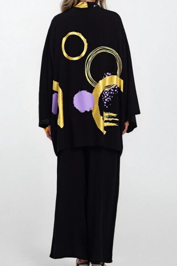 Lila Desenli Kimono Bluz ve Pantolon Büyük Beden Alt Üst Takım
