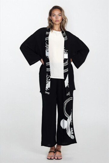 Siyah-Beyaz Desenli Kimono Bluz ve Pantolon Büyük Beden Alt Üst Takım