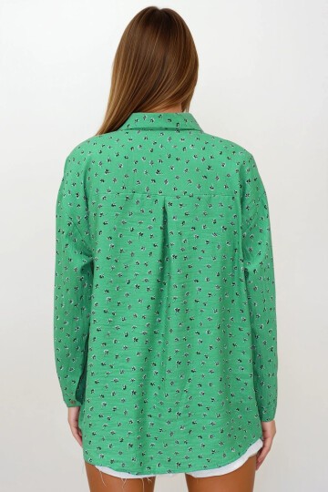 Yeşil Desenli Oversize Keten Gömlek