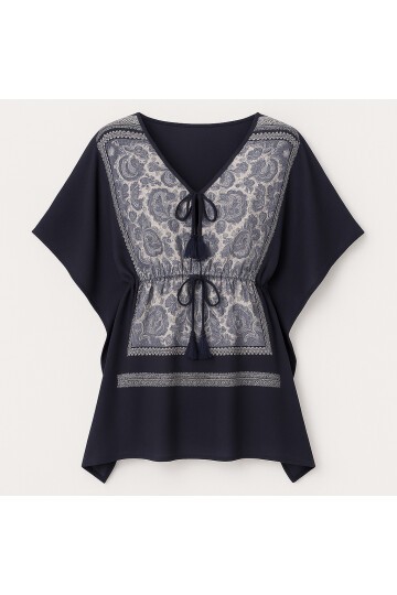 Etnik Desenli Oversize Bağlamalı Bluz