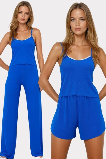 İp Askılı Dantel Detaylı Bluz, Şort Ve Pantolonlu 3 Lü Set Pijama Takımı