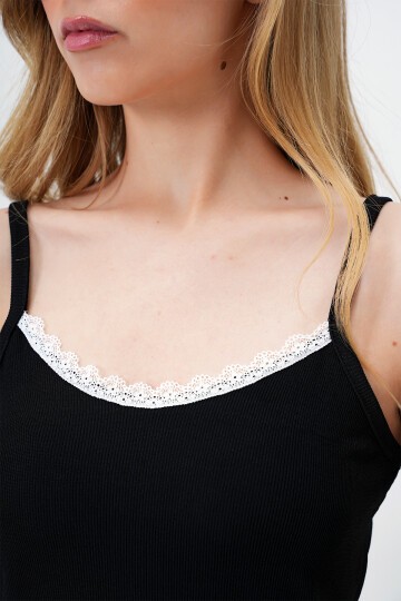 Siyah İp Askılı Dantel Detaylı Bluz, Şort Ve Pantolonlu 3 Lü Set Pijama Takımı