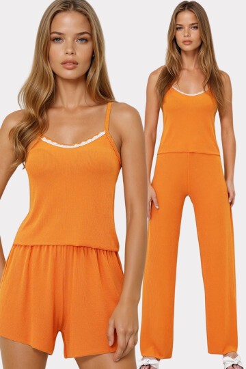İp Askılı Dantel Detaylı Bluz, Şort Ve Pantolonlu 3 Lü Set Pijama Takımı