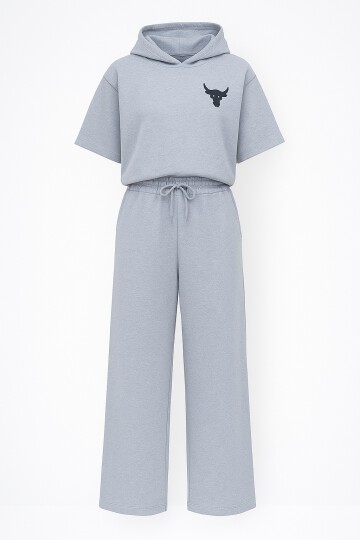 Kapüşonlu Oversize Crop Ve Çift Cepli Pantolon Takım