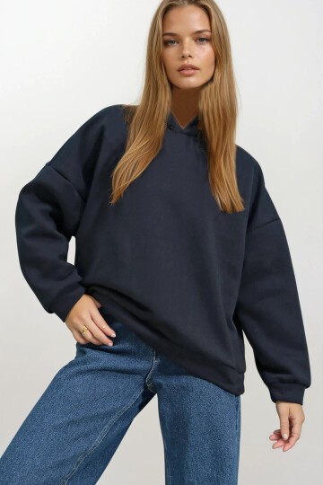 Lacivert Kapüşonlu Oversize Kalın Basen Boy 3 İplik Şardonlu Sweatshirt