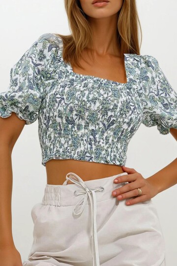 Kare Yaka Karpuz Kol Gipeli Crop Keten Bluz
