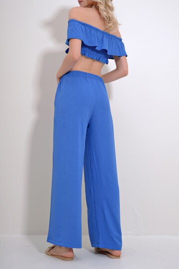 Saks Madonna Yaka Gipeli Crop Bluz Ve Palazzo Pantolon Dokuma Alt Üst Takım