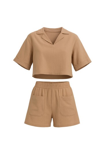 Polo Yaka Crop Bluz Ve Şortlu Dokuma Alt Üst Takım