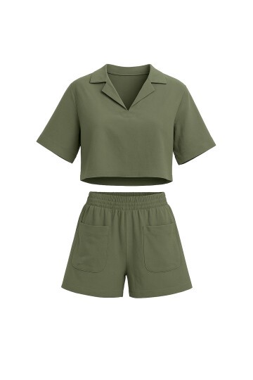 Polo Yaka Crop Bluz Ve Şortlu Dokuma Alt Üst Takım