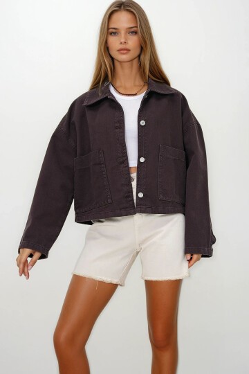 Acı Kahve Torba Cepli Çoban Dikişli Crop Jean Ceket