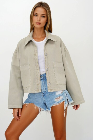 Bej Torba Cepli Çoban Dikişli Crop Jean Ceket