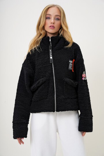 Balıkçı Yaka Çift Cepli Önü Fermuarlı Peluş Crop Ceket