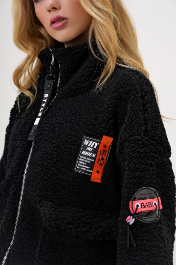 Balıkçı Yaka Çift Cepli Önü Fermuarlı Peluş Crop Ceket