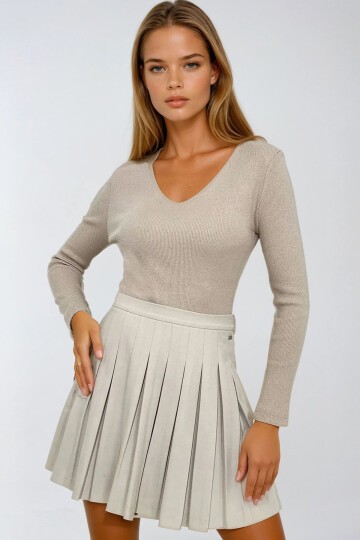 Bej V Yaka Kaşkorse Basic Bluz