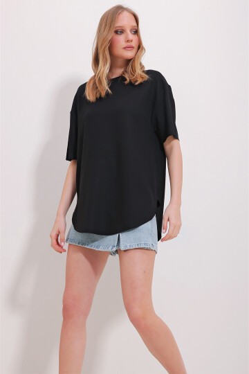 Siyah Gri Bisiklet Yaka 2Li Paket Oval Kesim Modal T-Shirt