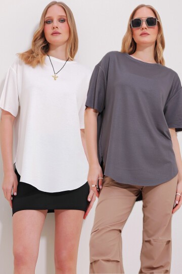 Beyaz Antrasit Bisiklet Yaka 2Li Paket Oval Kesim Modal T-Shirt
