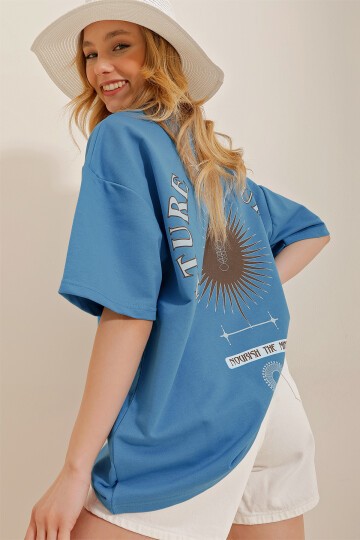 Havacı Mavi Bisiklet Yaka Baskılı Oversize Unisex T-Shirt