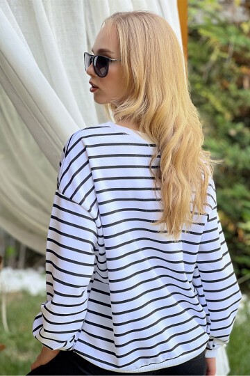 Siyah Bisiklet Yaka Çizgili Mevsimlik Oversize Sweatshirt