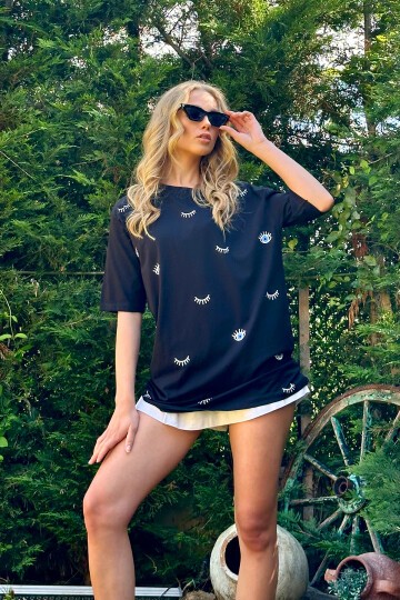 Bisiklet Yaka Göz Baskılı Oversize T-Shirt