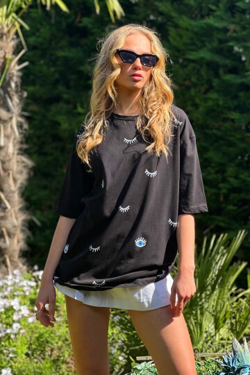 Bisiklet Yaka Göz Baskılı Oversize T-Shirt