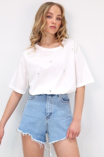 Ekru Bisiklet Yaka Oversize İnci Ve Taş İşlemeli T-Shirt