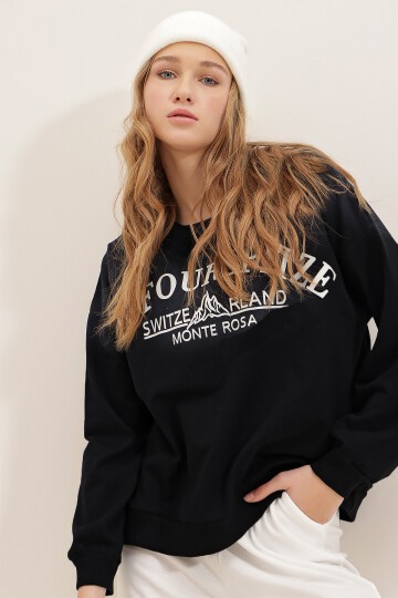 Siyah Bisiklet Yaka Yazı Baskılı Oversize Sweatshirt
