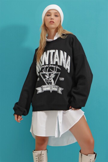 Siyah Bisiklet Yaka Yazı Baskılı Üç İplik İçi Polarlı Kolej Sweatshirt